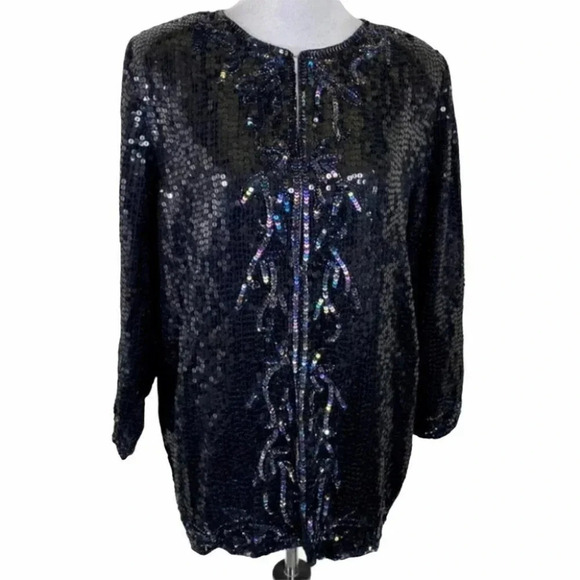 Vintage Style Design M Elegant black/multi full sequin silk jacket - Picture 3 of 11